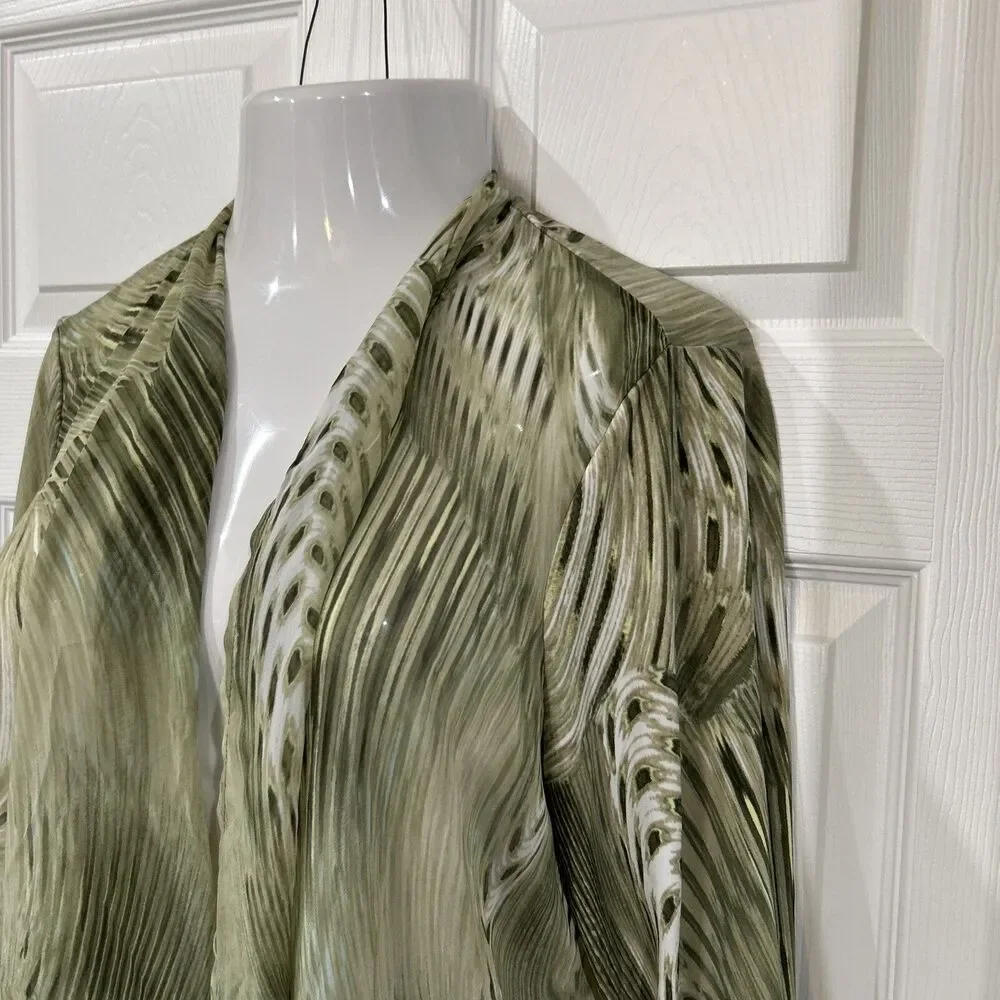 Chicos 3 Travelers Cardigan Green Frond Feather Open Front Semi Sheer Women's XL